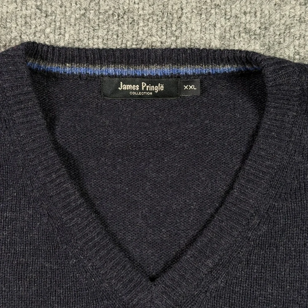 James Pringle Sweater Mens XXL Navy Blue Pure New Wool V-Neck Knit Pullover